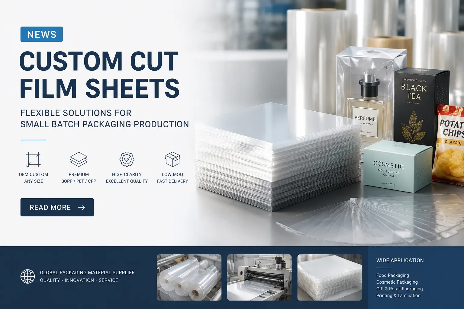 Multi-material custom cut film sheets for food, cosmetic and industrial packaging