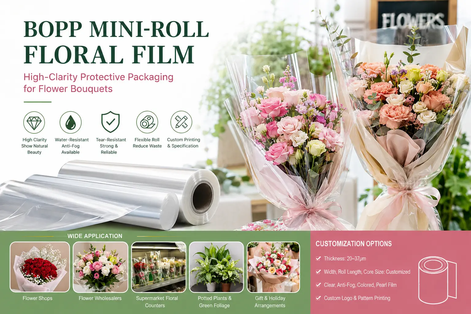 High-clarity BOPP mini-roll floral film for flower bouquets and fresh flower packaging