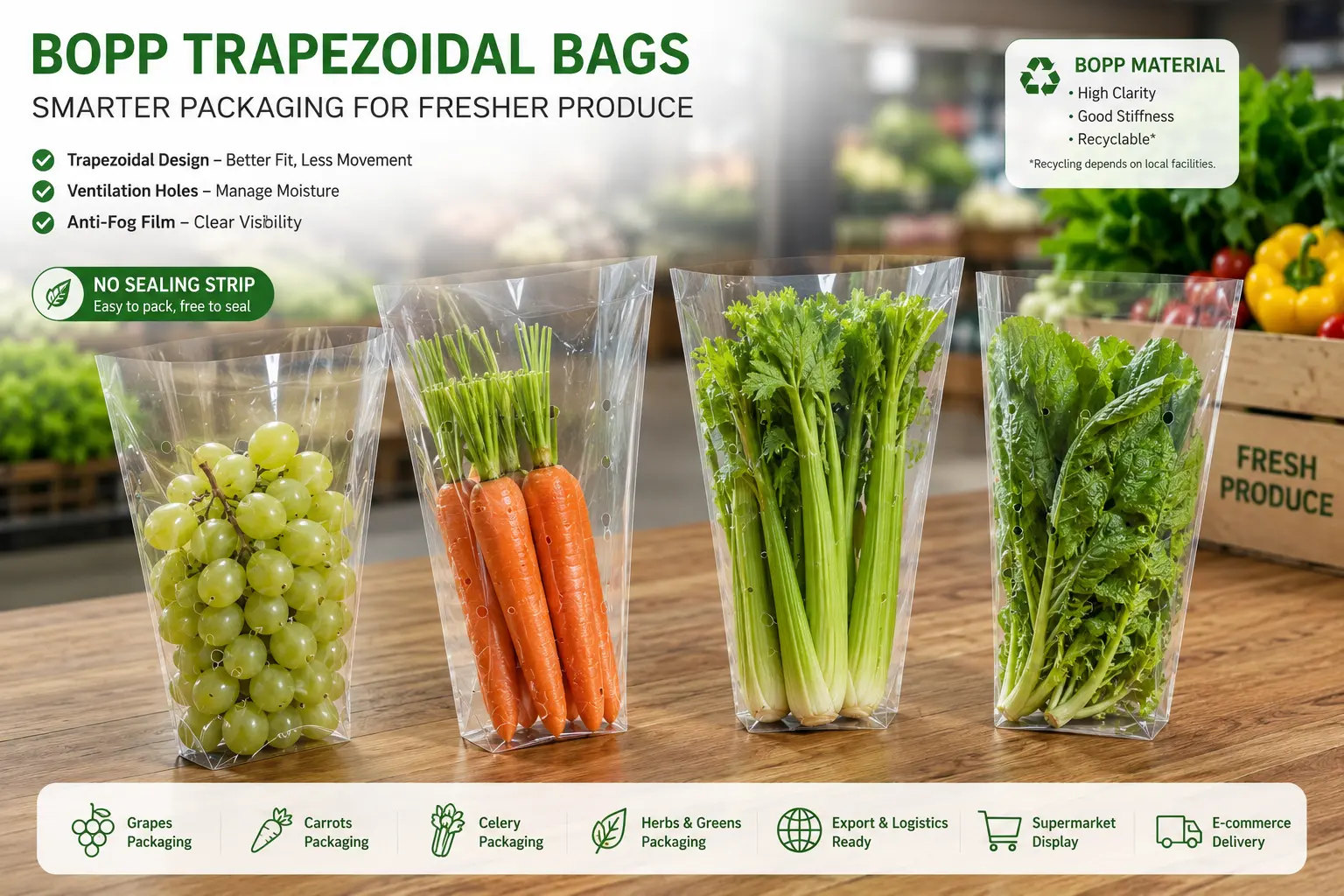 Transparent BOPP trapezoidal bag packaging for fresh grapes