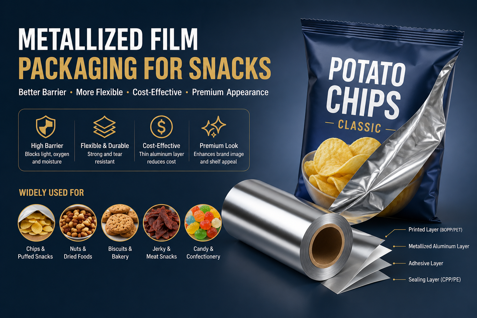 Metallized PET and BOPP film packaging for chips, nuts, biscuits, jerky and candy