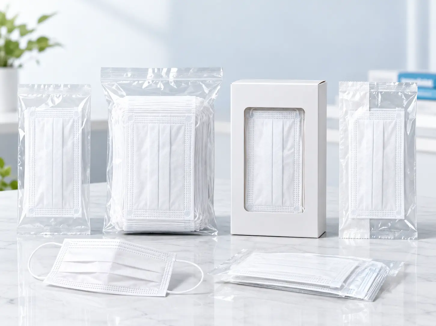 Disposable face mask packaging types comparison: individual sachets, bulk bags, paper boxes and medical pouches
