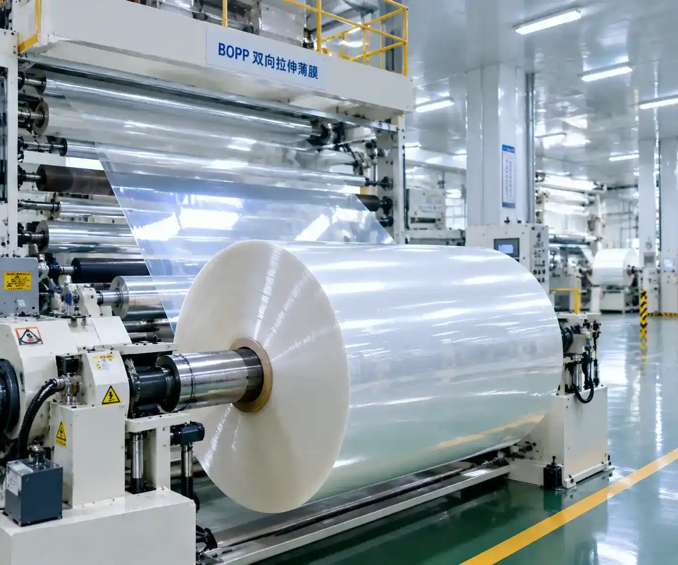 A BOPP film production line winding large master rolls