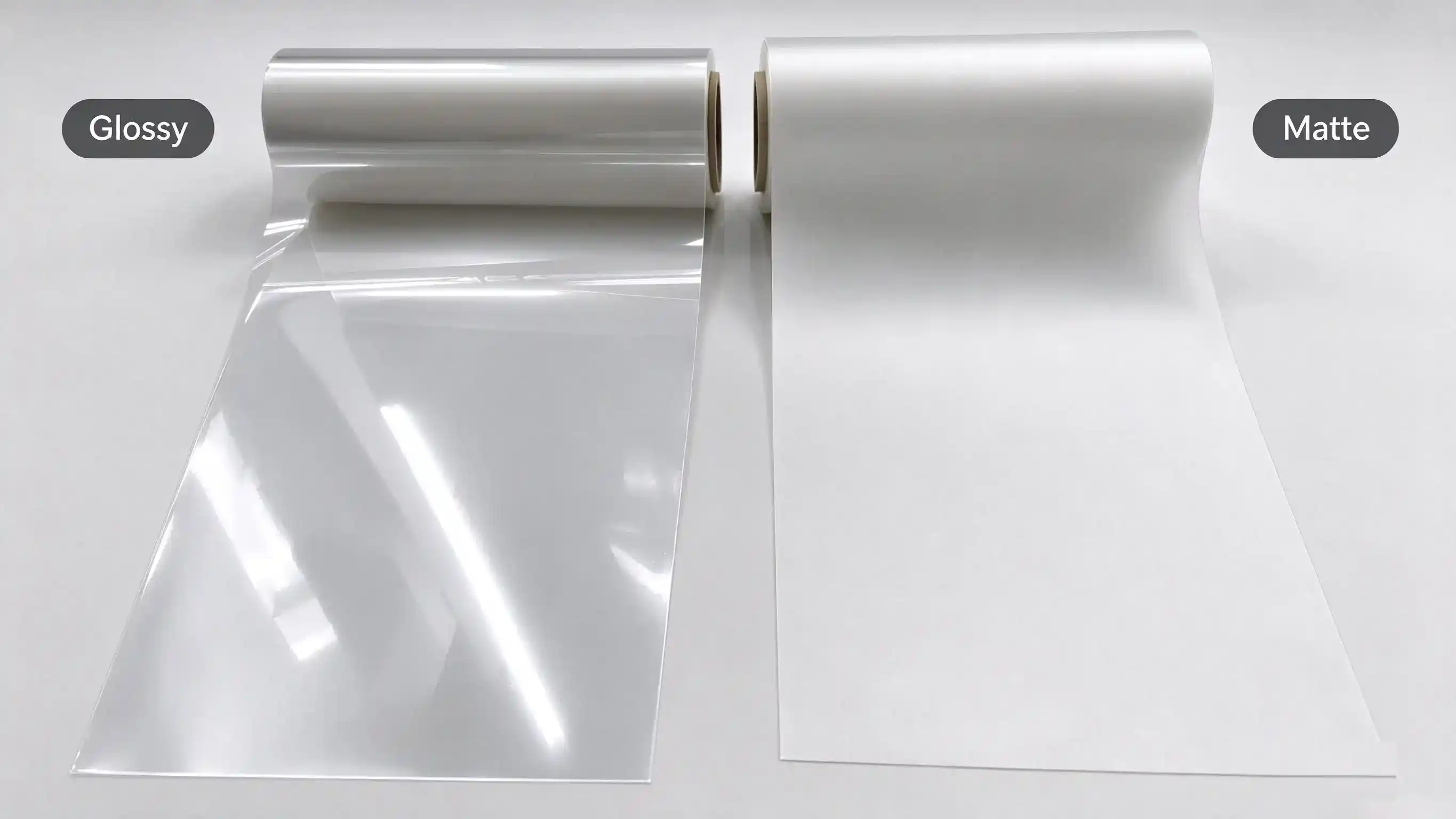 Glossy film's mirror reflection vs matte film's soft diffuse finish
