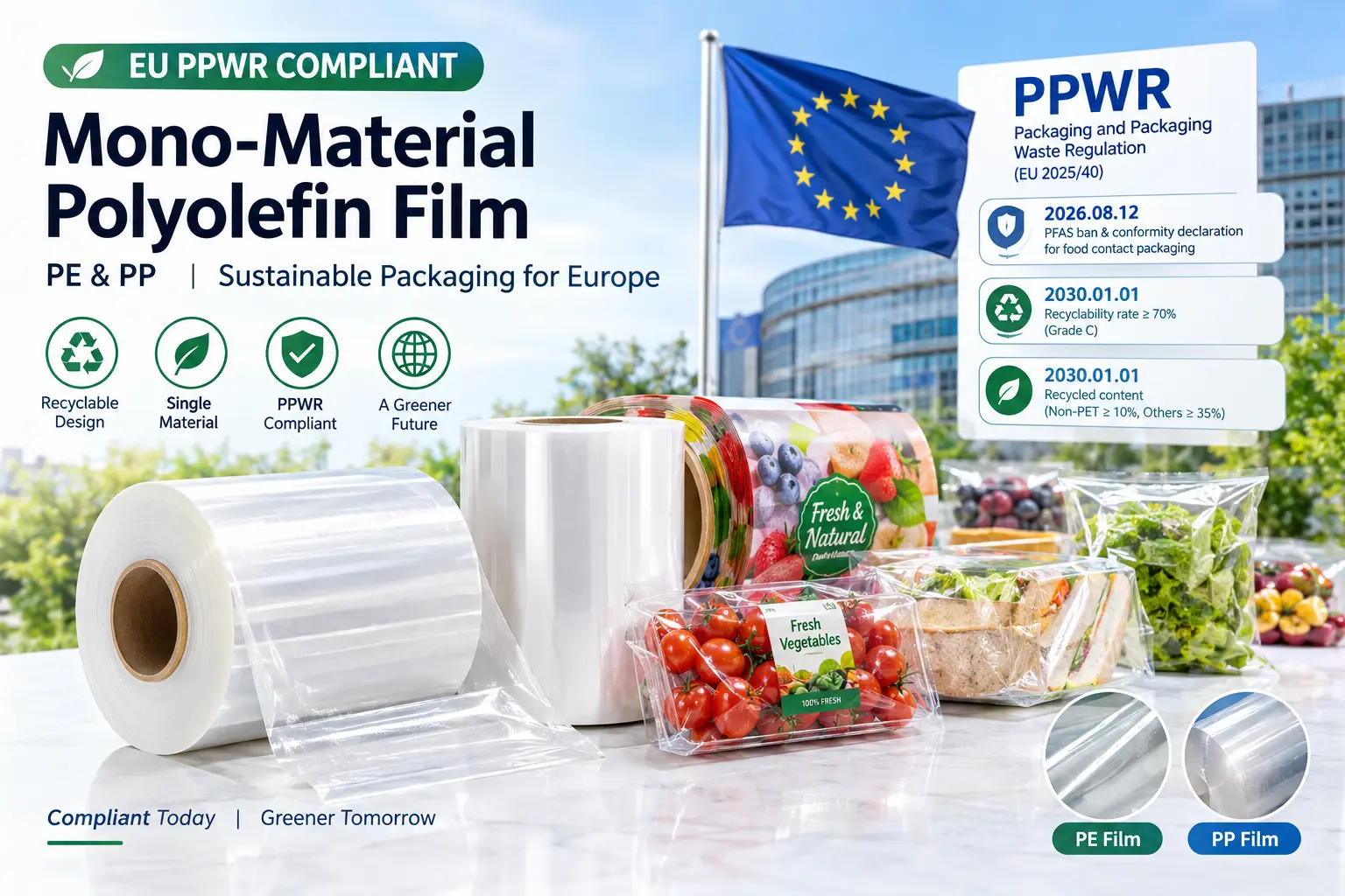 Mono-material polyolefin film rolls — PE and PP flexible packaging films for EU PPWR compliance